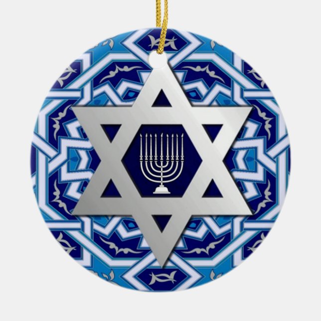 Happy Hanukkah.  Star of David Custom Year Ceramic Tree Decoration (Front)