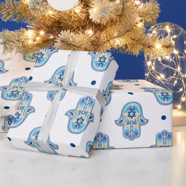 Happy Hanukkah Star of David Hamsa Hand White Blue Wrapping Paper (Holidays)