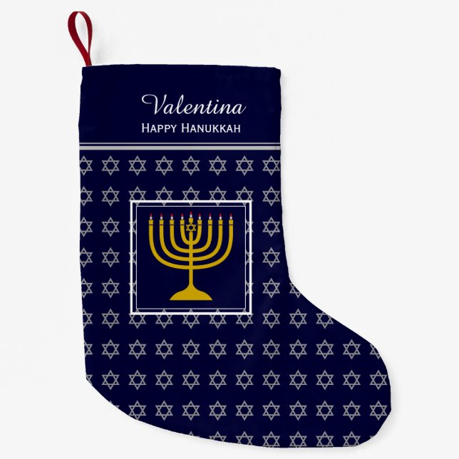 HAPPY HANUKKAH Star of David Menorah DARK BLUE Small Christmas Stocking (Front)