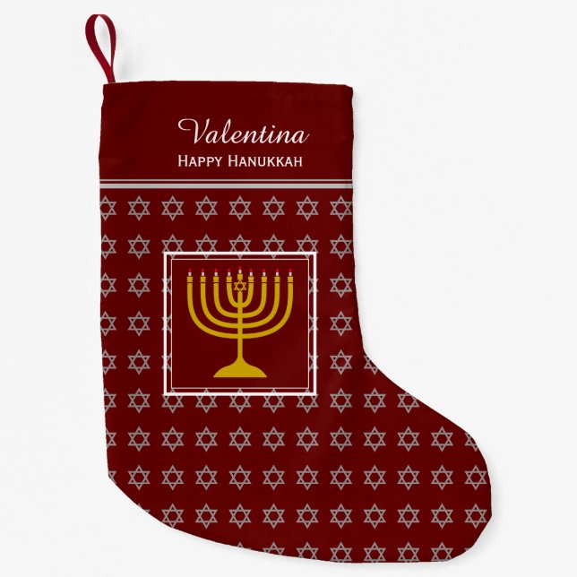 HAPPY HANUKKAH Star of David Menorah DARK RED Small Christmas Stocking (Front)