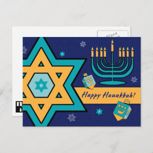 Happy Hanukkah. Star of David, Menorah, Dreidels Holiday Postcard