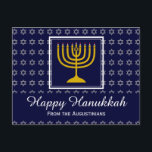 HAPPY HANUKKAH Star of David Menorah Personalised Holiday Postcard<br><div class="desc">Stylish greeting postcard to celebrate HANUKKAH. Dark blue background with silver Star of David and white typography. Placeholder text on front and reverse greeting are customisable,  so you can add your name and change the message. Part of the FESTIVE STARS Collection by Berean Designs.</div>