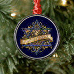 Happy Hanukkah Star of David Metal Tree Decoration<br><div class="desc">Elegant Jewish Star of David (Magen David) traditional blue and white hexagram symbol against a gold and black baroque fluerish background with a gold ribbon and holiday greeting wishes for a Happy Hanukkah. Original art of artist Margaret Loftin Whiting.</div>