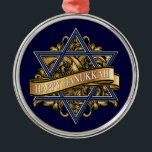 Happy Hanukkah Star of David Metal Tree Decoration<br><div class="desc">Elegant Jewish Star of David (Magen David) traditional blue and white hexagram symbol against a gold and black baroque fluerish background with a gold ribbon and holiday greeting wishes for a Happy Hanukkah. Art of artist Margaret Loftin Whiting.</div>