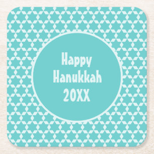 Happy Hanukkah Star Tiles Turquoise Square Paper Coaster