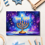 Happy Hanukkah Starry Menorah Card<br><div class="desc">This AI artwork is a lovely card that features radiant Menorah of all eight candles aglow in watercolor. Perfect for sending warm Hanukkah wishes, this card can be shared with family, friends, colleagues, or anyone celebrating the Festival of Lights. It’s a beautiful way to spread holiday cheer and brighten someone’s...</div>