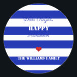 Happy Hanukkah Striped Pattern Blue and White Classic Round Sticker<br><div class="desc">Happy Hanukkah Gift Tag Sticker Elegant Blue and White Striped Pattern with cute red heart,  you can change or delete the text</div>