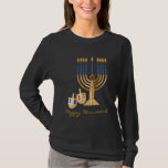 Happy Hanukkah T-Shirt<br><div class="desc">Ladies Long Sleeve Hanukkah Tee The classic long-sleeve t-shirt,  made just for women. Pre-shrunk 5.0 ounce 100% combed,  ring-spun cotton,  super-soft baby jersey knit. Coverstitched 3/4" bottom hem and sleeve opening. Custom contoured fit. Made by Bella. Imported.</div>