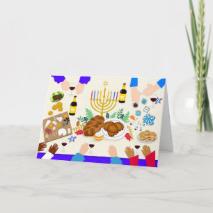 Happy Hanukkah Table with Menorah, Food & Family Card