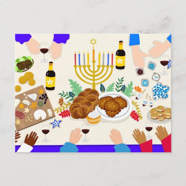 Happy Hanukkah Table with Menorah, Food & Family Postcard (Front)