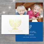 Happy Hanukkah Techelet Blue Simple Modern Menorah Foil Card<br><div class="desc">Wish family and friends the simple gifts of light and love for Hanukkah with an elegant custom photo folded card. All text on this template (including "Happy Hanukkah" on front) is simple to customise with any wording. The techelet blue, white and gold foil design features modern minimalist typography, a menorah...</div>