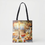 Happy Hanukkah Tote Bag<br><div class="desc">Hanukkah watercolor illustration. A beautifully arranged table set for a festive celebration,  featuring a traditional menorah with lit candles. Soft,  warm light,  while holiday decorations add a touch of cheer. Warm lights creating a cosy,  inviting atmosphere.</div>