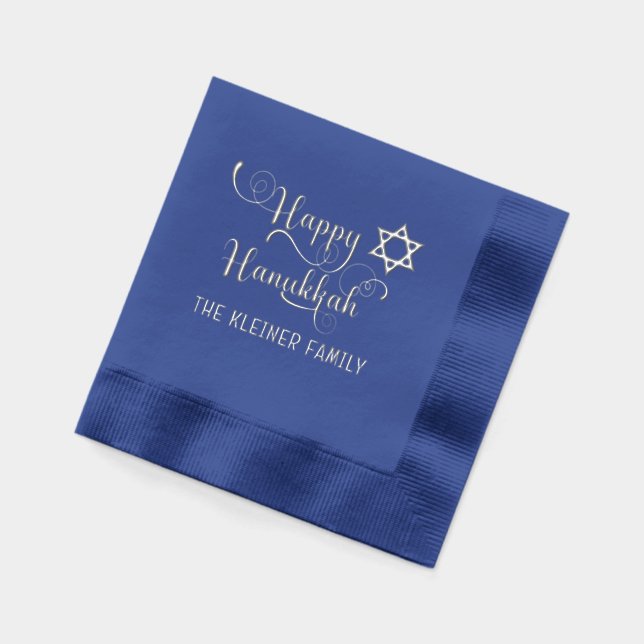 Happy Hanukkah Typography #10 Family Name Foil Napkins (Left)