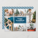 Happy Hanukkah Typography Blue Photo Collage Holiday Card<br><div class="desc">Happy Hanukkah! Send holiday wishes and greetings with this modern and stylish holiday photo card. It features retro bold typography with white and blue diagonal stripes pattern. Personalise by adding your favourite photos, greeting, names and other details. The texts are fully editable. Available as a flat card, folded card and...</div>