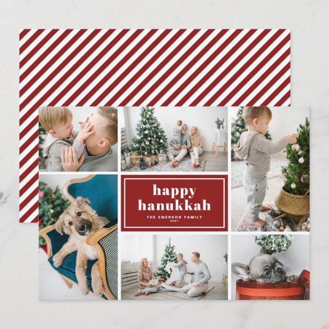 Happy Hanukkah Typography Red Photo Collage Holiday Card (Front/Back)