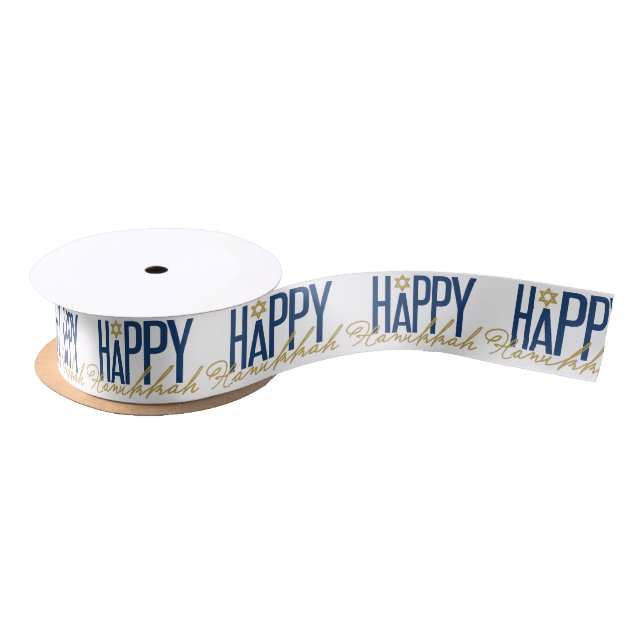 Happy Hanukkah Typography Star of David Holiday Satin Ribbon (Spool)