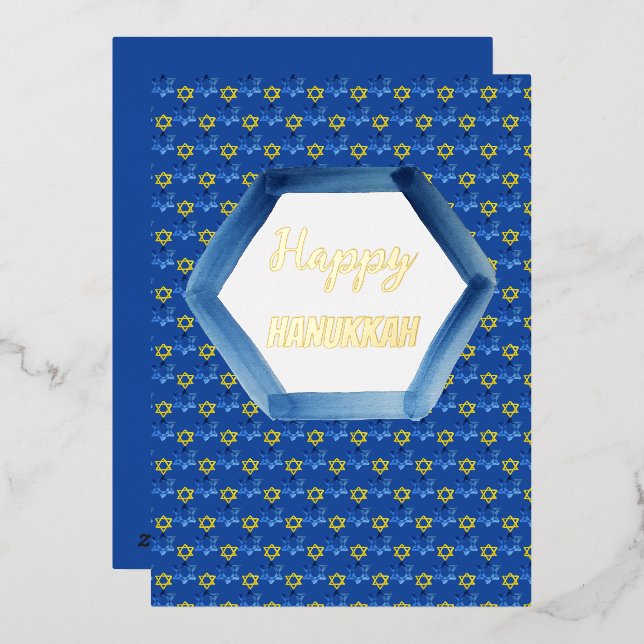 Happy Hanukkah Watercolor David Stars  Foil Holiday Card (Front/Back)