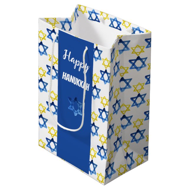 Happy Hanukkah Watercolor David Stars  Medium Gift Bag (Front Angled)