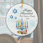 Happy Hanukkah Watercolor Family Photo  Ceramic Tree Decoration<br><div class="desc">Watercolor custom Hanukkah ornament for a Jewish family gift or Hanukkah party. Personalise with your own last name and your family photo. Features colourful menorah.</div>