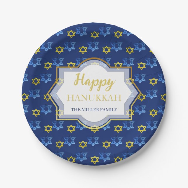 Happy Hanukkah Watercolor Stars Of David Paper Plate (Front)