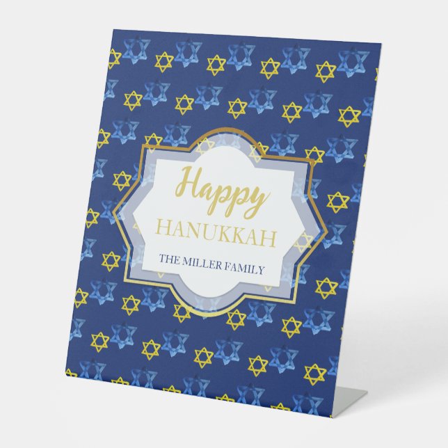 Happy Hanukkah Watercolor Stars Of David Pedestal Sign (Front)