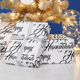 Happy Hanukkah white black modern elegant script Wrapping Paper
