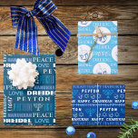 Happy Hanukkah White Blue Childs Name Typography Wrapping Paper Sheet<br><div class="desc">Add your child's name to this cute white on blue Happy Hanukkah typography wrapping paper for a personalised touch to your Festival of Lights. Sheet One features a mix of fun fonts in various shades of light blue and white on a background of rich dark ocean blue. Nestled in among...</div>
