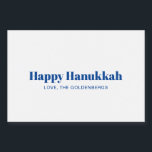 Happy Hanukkah white blue minimalist personalised Food Label<br><div class="desc">Happy Hanukkah blue and white typography simple modern Hanukkah personalised stickers and labels.
Fully customisable blue text on white background.</div>