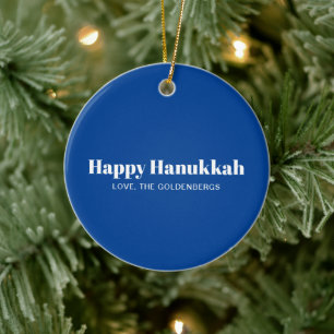 Happy Hanukkah white blue modern stripes custom Ceramic Tree Decoration