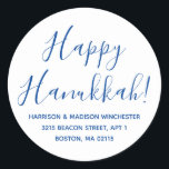Happy Hanukkah white blue script return address Classic Round Sticker<br><div class="desc">Happy Hanukkah modern custom script calligraphy name and address personalised Hanukkah return address stickers.
Fully customisable blue text,  white background.
Elegant,  simple,  modern design.</div>