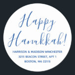 Happy Hanukkah white blue script return address Classic Round Sticker<br><div class="desc">Happy Hanukkah modern custom script calligraphy name and address personalised Hanukkah return address stickers.
Fully customisable blue text,  white background.
Elegant,  simple,  modern design.</div>