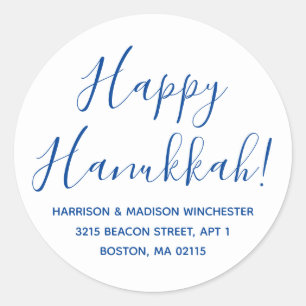 Happy Hanukkah white blue script return address Classic Round Sticker