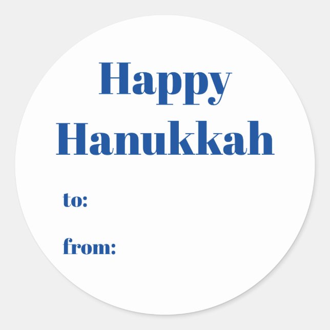 Happy Hanukkah white blue to from blank minimalist Classic Round Sticker (Front)