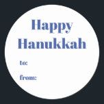 Happy Hanukkah white blue to from blank minimalist Classic Round Sticker<br><div class="desc">Happy Hanukkah blue and white to from blank cute minimalist modern simple elegant Hanukkah stickers and labels.
Fully customisable blue text on white solid plain background.</div>