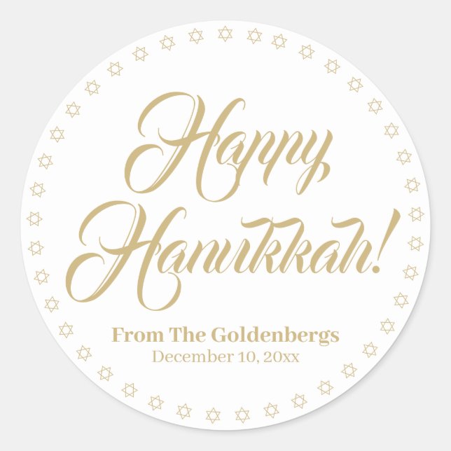 Happy Hanukkah white gold custom script text Classic Round Sticker (Front)