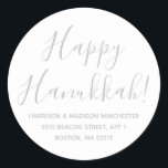 Happy Hanukkah white grey script return address Classic Round Sticker<br><div class="desc">Happy Hanukkah modern custom script calligraphy name and address personalised Hanukkah return address stickers.
Fully customisable silver grey text,  white background.
Elegant,  simple,  modern design.</div>