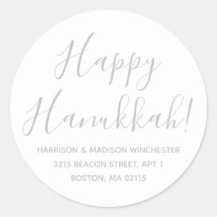Happy Hanukkah white grey script return address Classic Round Sticker