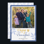 Happy Hanukkah White Photo Holiday<br><div class="desc">This Hanukkah greeting card features a square photo and trendy handwritten text "Happy Hanukkah" on a white background with dark blue border. The design is accented with light blue leaves and a gold menorah.</div>