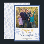 Happy Hanukkah White Photo Holiday Card<br><div class="desc">This Hanukkah greeting card features a square photo and trendy handwritten text "Happy Hanukkah" on a white background with dark blue border. The design is accented with light blue leaves and a gold menorah.</div>