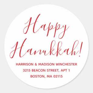 Happy Hanukkah white red script return address Classic Round Sticker