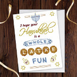 Happy Hanukkah Whole Latke Fun Funny Custom Card<br><div class="desc">These Hanukkah greeting cards feature the humorous phrase, "I hope your Hanukkah is a whole latke fun." They include drawings of dreidels, a menorah, the Star of David and more embellishments. The color palette is gray-blue, marsala red, gold and brown on white. Use the template to change the greeting inside...</div>
