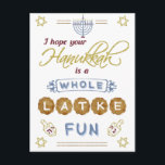 Happy Hanukkah Whole Latke Fun Funny Postcard<br><div class="desc">These Hanukkah postcards feature the humourous phrase,  "I hope your Hanukkah is a whole latke fun." They include drawings of dreidels,  a menorah,  the Star of David and more embellishments. The colour palette is grey-blue,  marsala red,  gold and brown on white.</div>