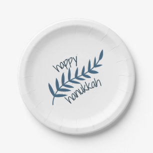 Happy Hanukkah (with Blue Leaves) Paper Plate