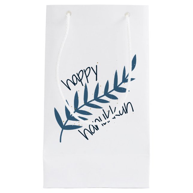 Happy Hanukkah (with Blue Leaves) Small Gift Bag (Front)