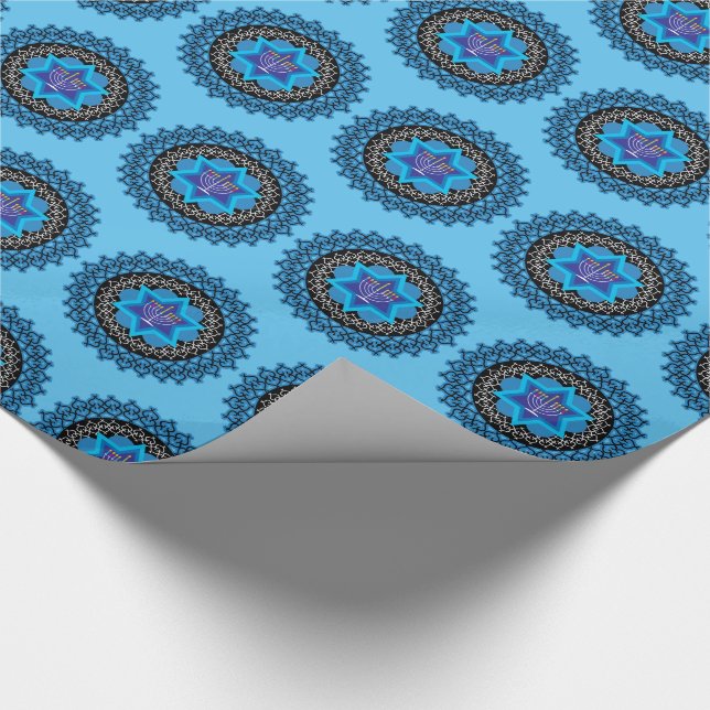Happy Hanukkah with menorah blue Wrapping Paper (Corner)