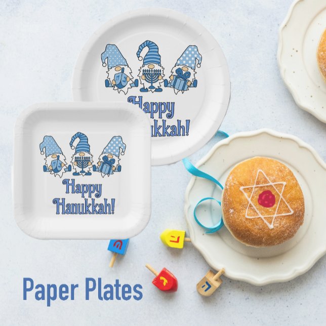 Happy Hanukkah with Three Gnomes  Paper Plate (Ready for Hanukkah parties!)