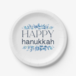 Happy Hanukkah (with Winter Watercolored Florals) Paper Plate