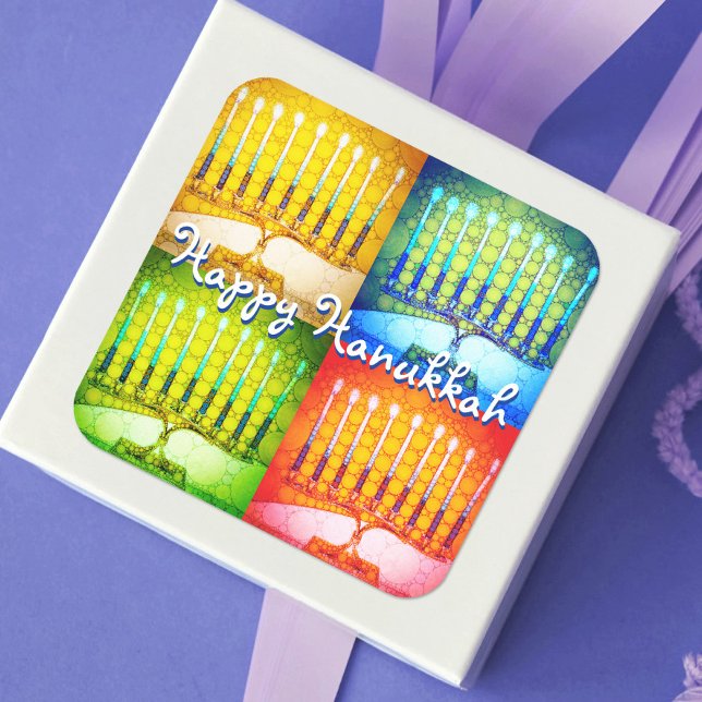 Happy Hanukkah yellow blue green red 4 menorahs Square Sticker (Creator Uploaded)