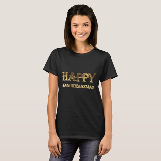 Happy HanuKwanzMas Neologism Gold Look Typography T-Shirt (Front Full)