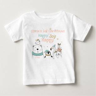 Happy Happy Joy Cute Animals 1st Christmas Baby T-Shirt
